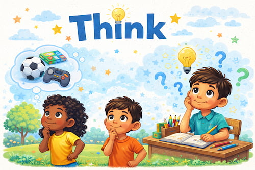 Think - Children pondering in a bright landscape