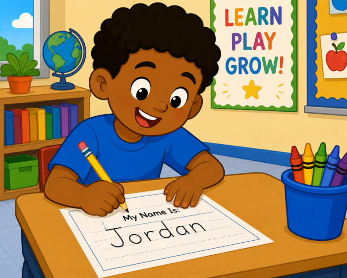 Happy student in vibrant classroom setting
