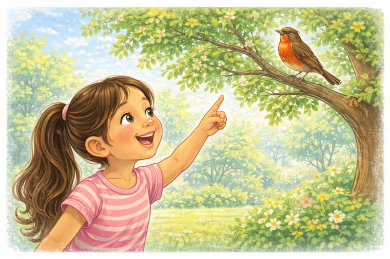 Joyful girl points at robin