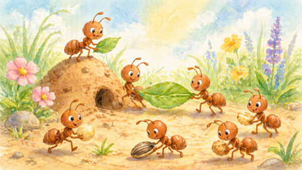 Ants working together in a garden