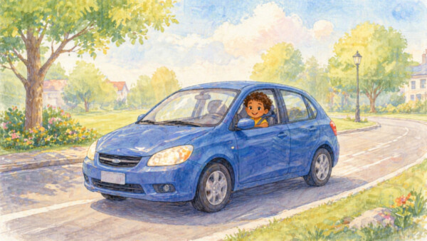 Cheerful drive through a sunny neighborhood