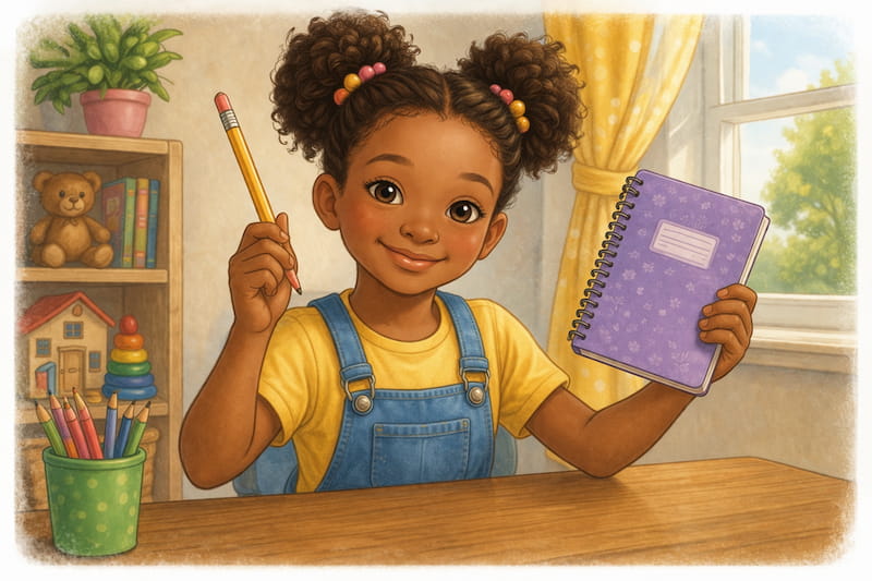 Cheerful student showing a pencil and a notebook.