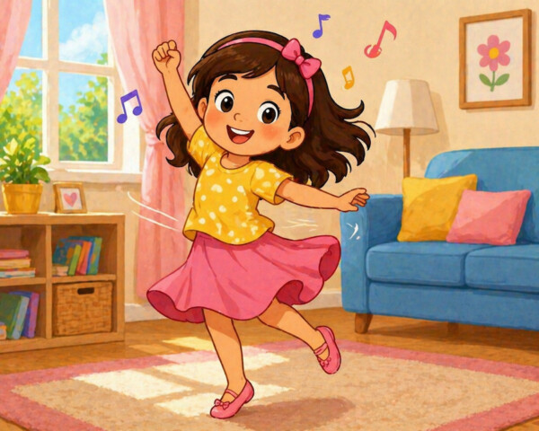 Dancing joyfully in the cozy living room