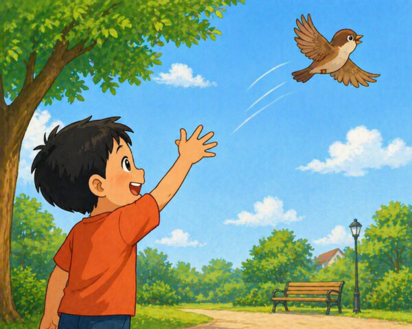 Excited boy reaching for the bird