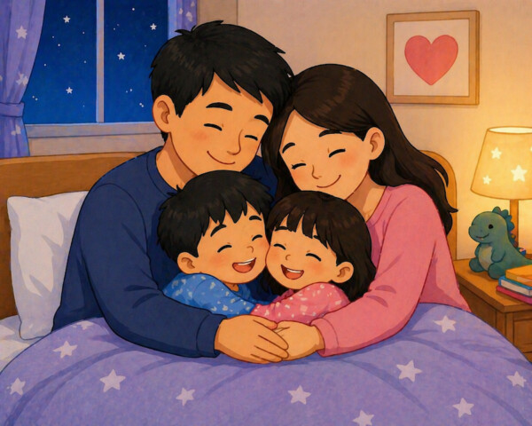 Family bedtime cuddle under the stars