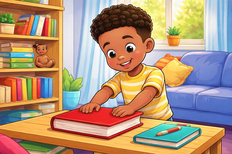 Happy boy closing a red book