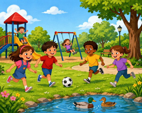 Kids playing in a sunny park