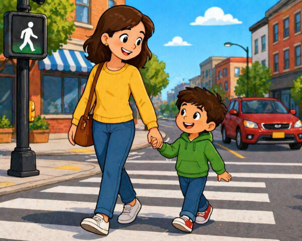 My mom holds my hand when we cross the street.