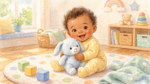 The baby smiles at me.