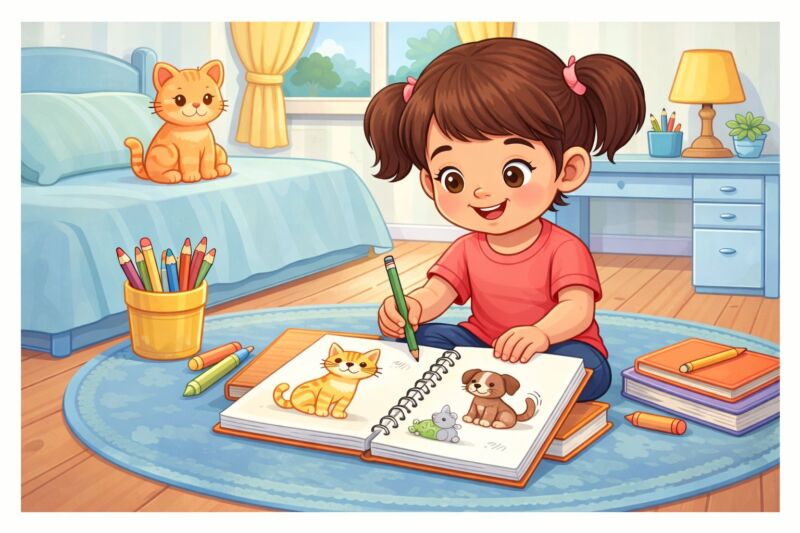 Young girl drawing animals in notebook