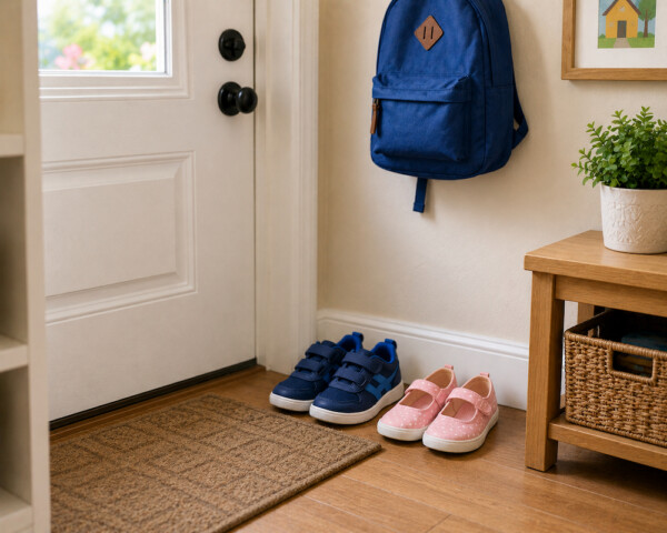Cozy entryway with kids' shoes and decor