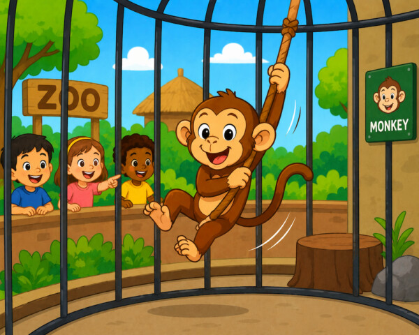 Happy monkey swinging at the zoo