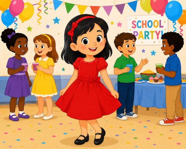 She wore a red dress to the school party