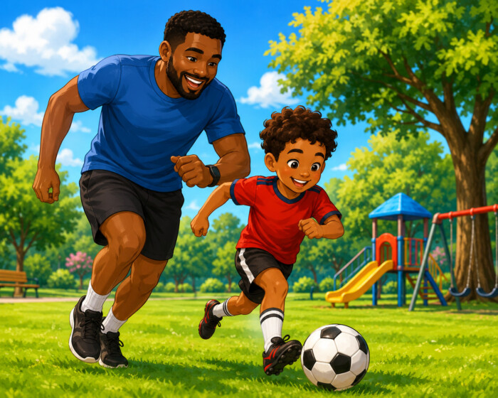 Father and son playing soccer