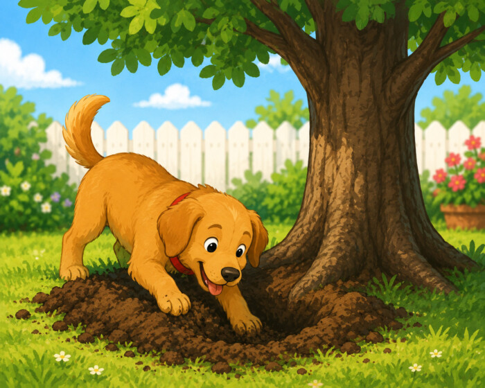 Happy puppy digging in the garden