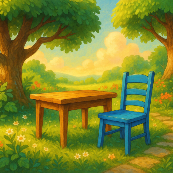 Colorful Outdoor Scene with Table and Chair