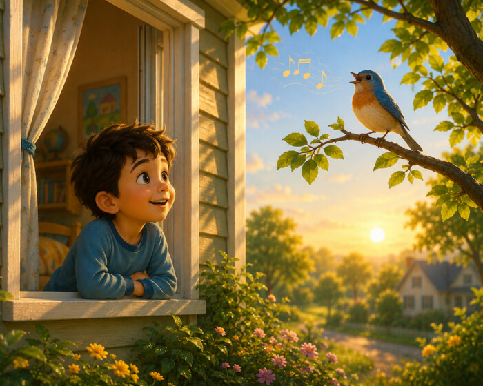 The bird sings in the morning