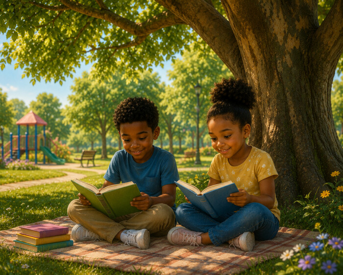 We sit under the tree to read.