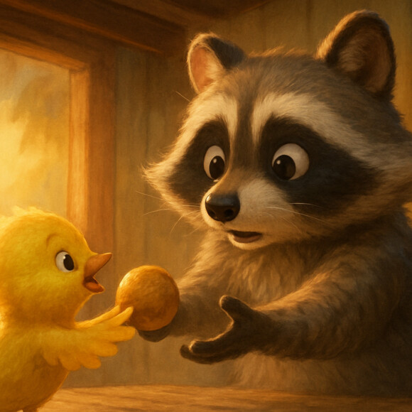 Raccoon and Chick Sharing a Snack