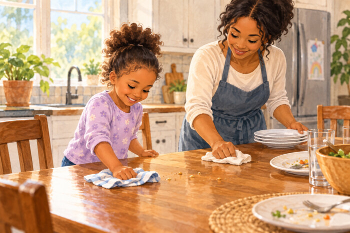 A mother and daughter wipe a wooden kitchen table together