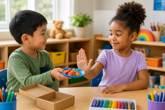 A boy offers a plate of colorful candies to a girl, who raises her hand to decline