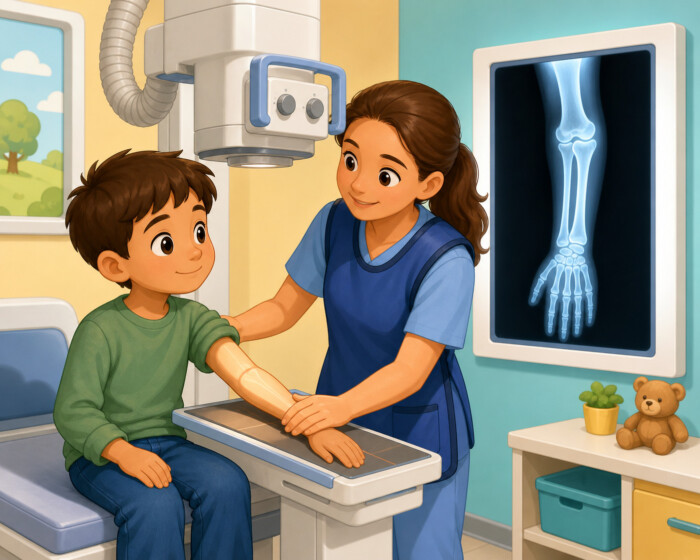 A child undergoes an arm X-ray while a radiographer positions his hand; the X-ray image is displayed