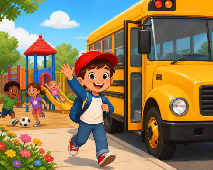 A child with a backpack waves while running toward a yellow school bus beside a playground