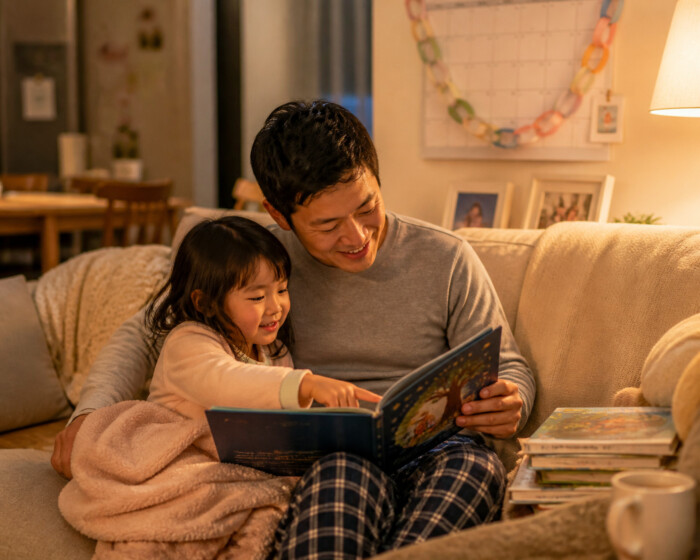 A father and young daughter read a picture book together on a cozy couch