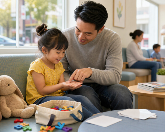 A father points to letters in his daughter's hand as they play with alphabet toys in a waiting room