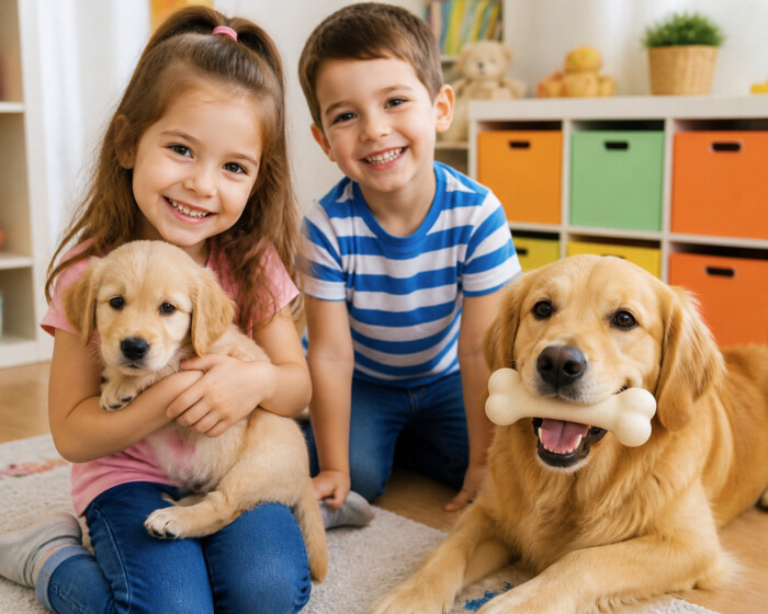 A girl holds a puppy beside a smiling boy and a golden retriever holding a bone