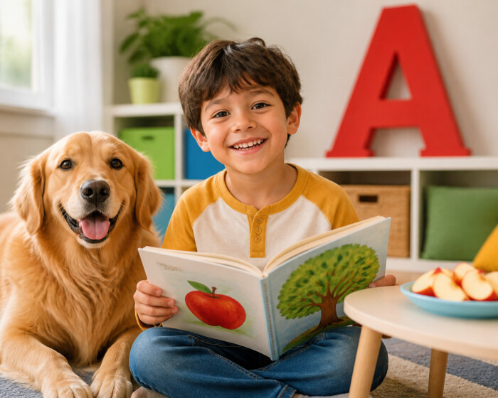 A smiling boy reads a picture book beside a golden retriever in a cozy room