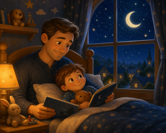 A father reads a bedtime story to a child cuddling a teddy bear beside a moonlit window