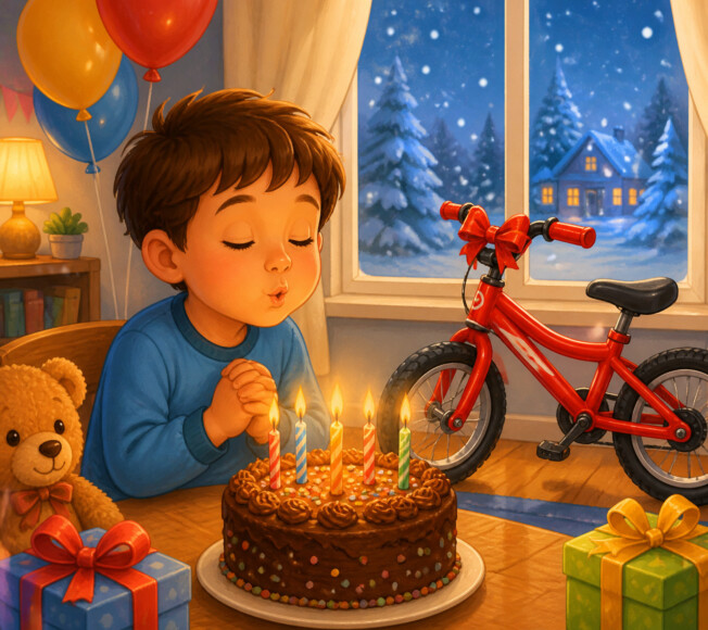 Child blowing out candles on a birthday cake beside a red bicycle, teddy bear, balloons, and gifts