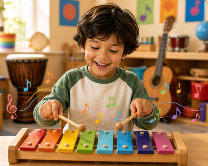 Child playing a colorful xylophone with mallets in a music room