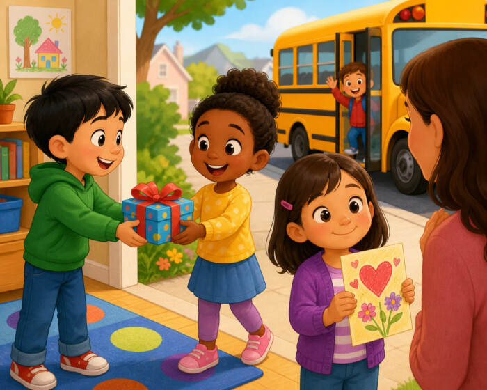 Children greet an adult with a gift and handmade card as a school bus waits outside