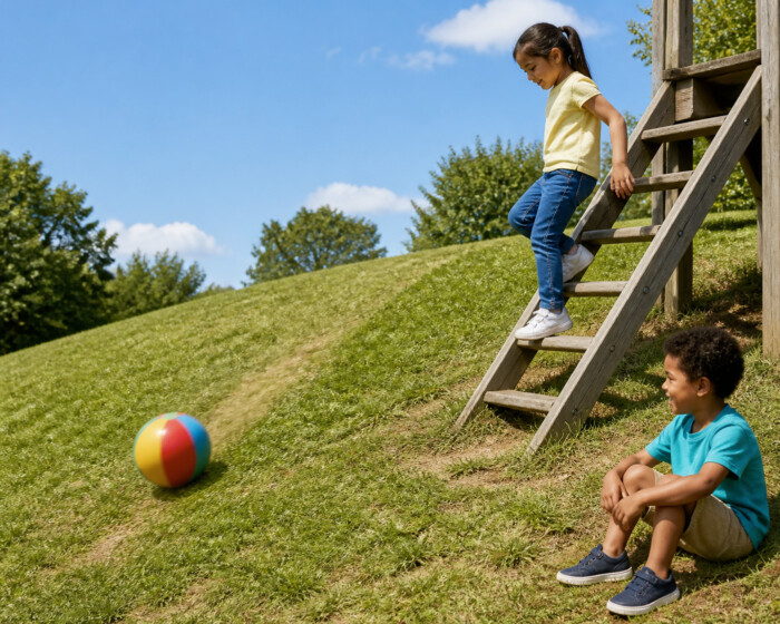 Children play outdoors near a wooden ladder and colorful ball