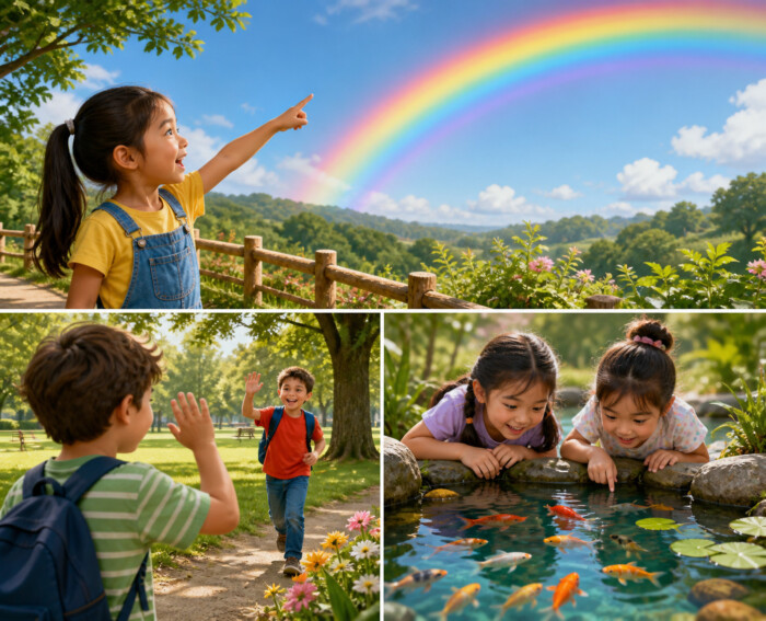 Collage of children enjoying nature, including a rainbow view, a park greeting, and fish in a pond