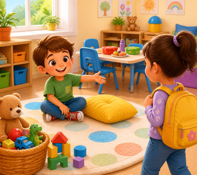 Create a bright, friendly children’s educational illustration showing the meaning of “here”: a happy child standing in a colorful classroom or playroom, welcoming a friend with an inviting gesture toward the spot beside them, with toys gathered nearby and a small lunch table in the background. Make the setting clearly feel like “this place,” warm and easy for young children to understand, with cheerful colors, soft natural light, expressive characters, clean simple shapes, and a polished picture-book style. No words, letters, captions, logos, or branding.