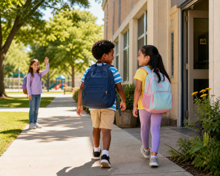 Create a bright, friendly educational editorial photograph for young children showing the idea of going “to” somewhere: two diverse school-age children walking along a sunny sidewalk toward a welcoming school building, one child waving goodbye to a friend in the background, with a leafy park visible farther along the path. Emphasize clear movement toward destinations, cheerful expressions, colorful clothing, natural daylight, realistic candid photography, warm inviting atmosphere, simple uncluttered composition, no written words, letters, captions, logos, or branding.