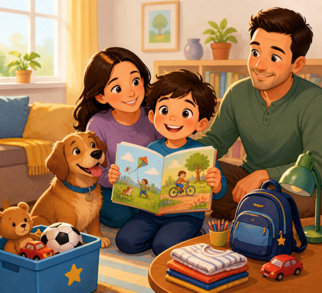 Create a cheerful, child-friendly educational illustration showing a happy young child proudly surrounded by things that belong to them: an open colorful book held in their hands, a friendly brown dog sitting beside them, and loving family members nearby in a warm home setting. Use bright colors, simple clear shapes, expressive faces, soft natural lighting, and a welcoming storybook style that visually communicates ownership, belonging, and love. No text, letters, captions, logos, or branding.