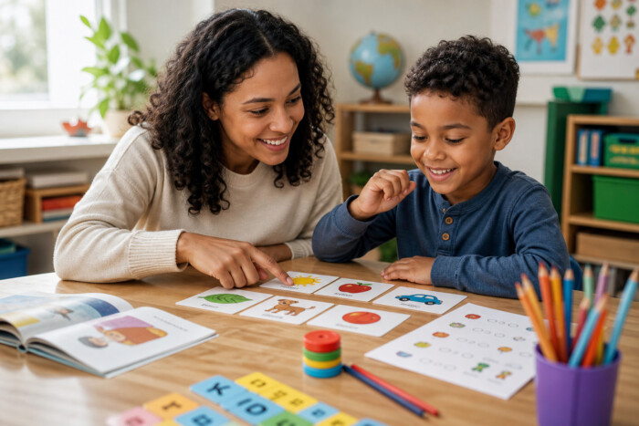 Create a warm, editorial-style educational scene showing a parent or elementary teacher guiding a kindergarten or first-grade child through a short, enjoyable word-learning routine at a tidy table. Include colorful word cards, a simple illustrated quiz sheet, a small stack of printable game pieces, alphabet letter tiles, pencils, and an open picture book, arranged in an inviting but uncluttered way. The child should appear engaged and confident rather than tested, with the adult offering gentle guidance. Use soft natural daylight, cheerful primary colors, cozy home or classroom setting, diverse representation, candid documentary photography feel, shallow depth of field, and a balanced composition that conveys gradual learning, exploration, and play. Do not include readable words, captions, logos, branding, or digital interface text.