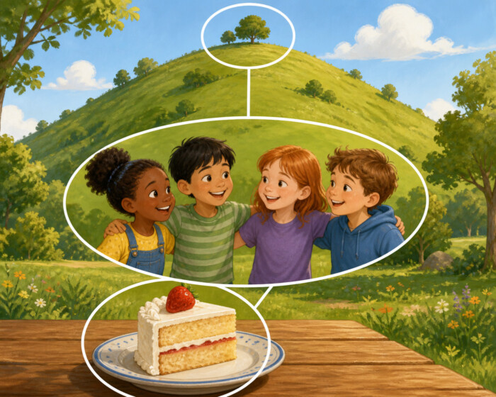 Four children gather outdoors near a cake, with callouts highlighting a hilltop tree and a cake slice