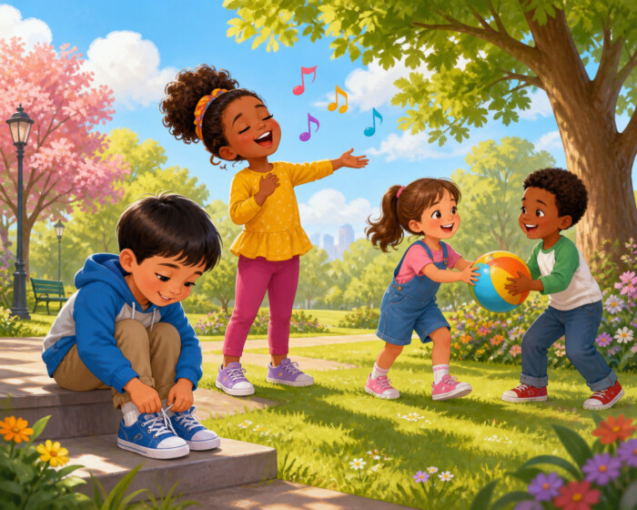 Four children play and sing in a sunny park; two toss a colorful ball while another ties his shoe