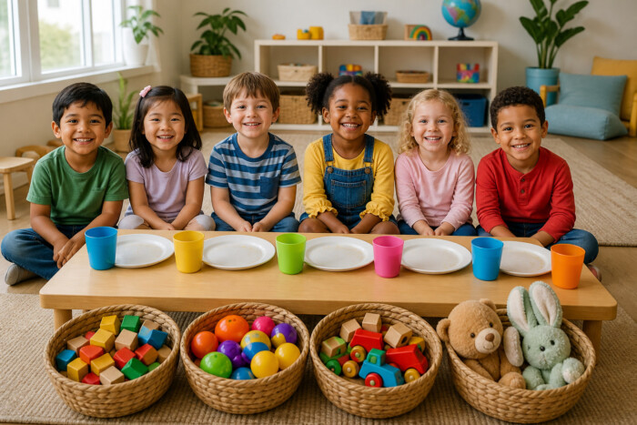 Six children sit behind a table with colorful cups and plates, baskets of toys, and stuffed animals