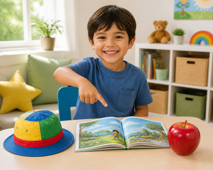Smiling boy points to an open picture book at a table, with a colorful hat and apple nearby