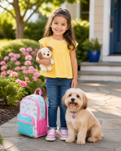 Smiling girl in a yellow shirt holding a teddy bear beside a colorful backpack and a small dog outdoors