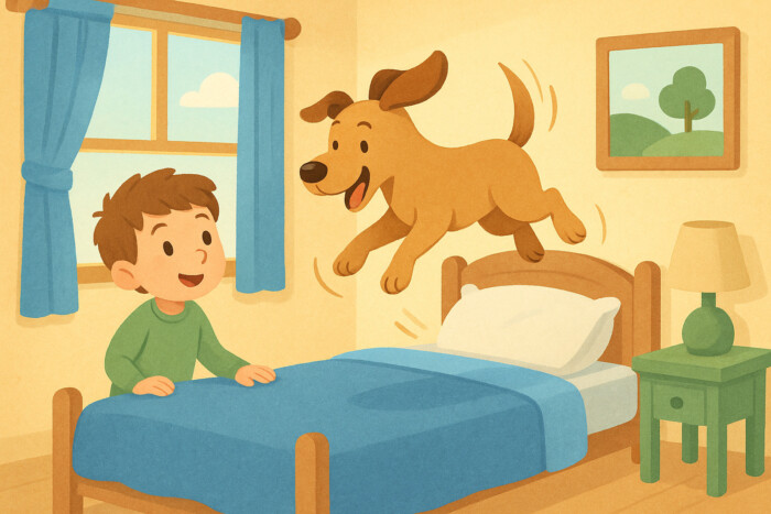 The dog jumped on the bed.