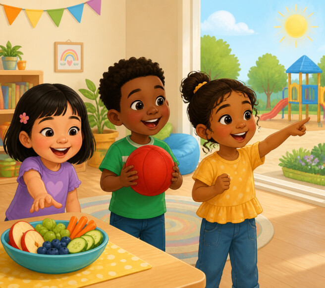 Three children in a classroom, one holding a red ball and another pointing toward a playground outside