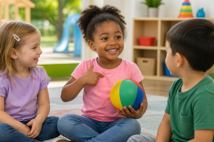 Three children sit together in a classroom as a girl holds a colorful ball and points to herself