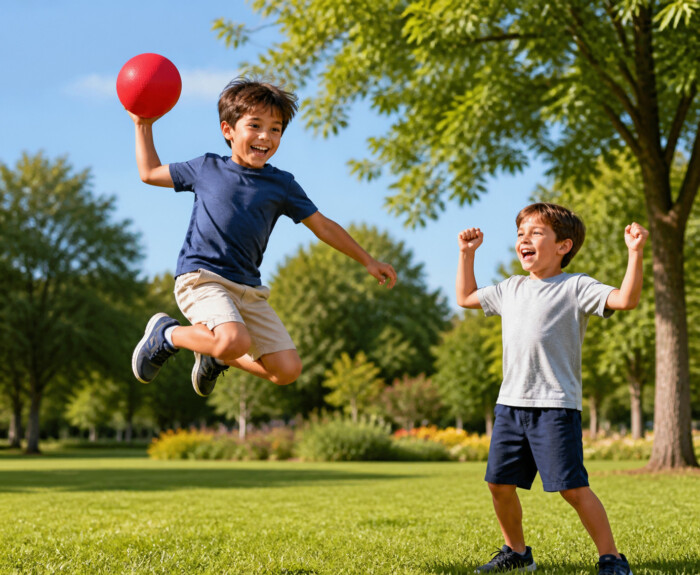 Two boys play with a red ball in a sunny park; one jumps while holding it overhead